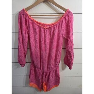 Macbeth Collection by Margaret Josephs Pink, Orange Off-Shoulder Romper Size S